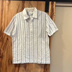 Vintage Perry Ellis White Polo with Navy Vertical Stripes- mercerized cotton